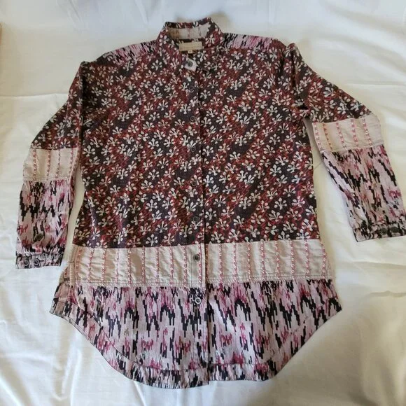 Patchwork BoHo Womens Pink Red Blue Territory Ahead Shirt Long Length Size M - Picture 2 of 15